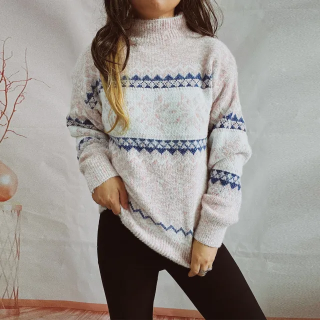 Chenille Thickened Snowflake Pattern Half high Collar Long Sleeves Knitted Sweater Pink - Shop at LoveMi