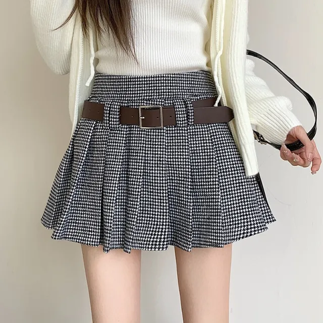 Retro Brown Houndstooth Design A Line Skirt Black And White Plaid - Shop at LoveMi