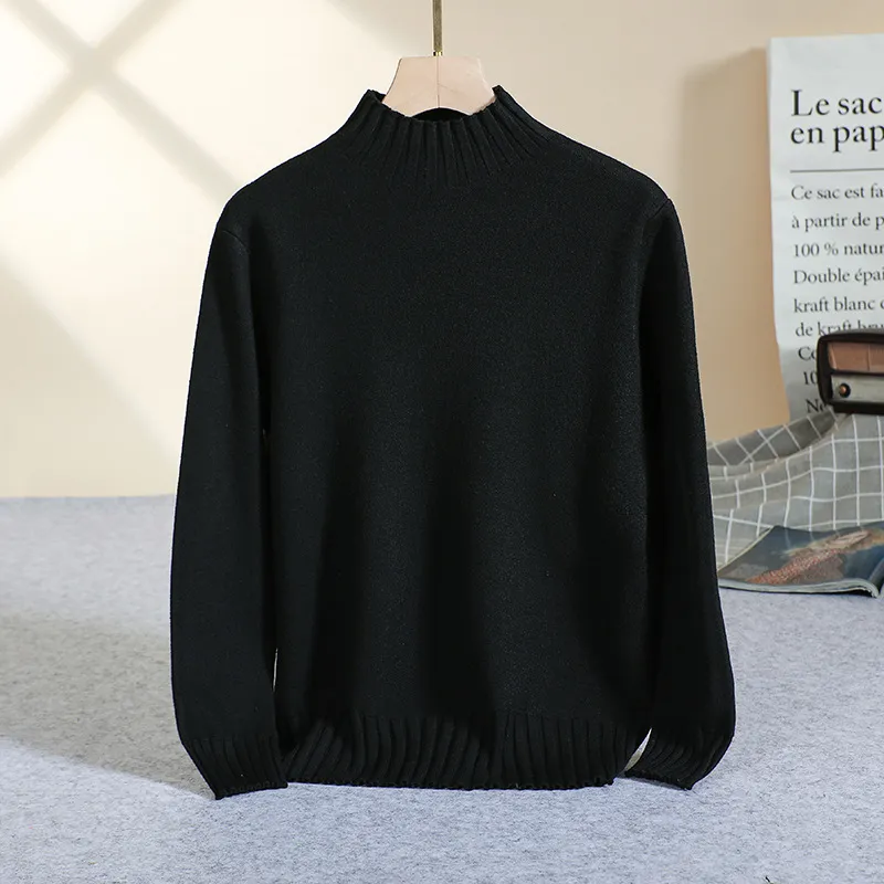 All-matching Solid Color Pullover Loose Thick Half Turtleneck Knitted Bottoming Shirt - Black