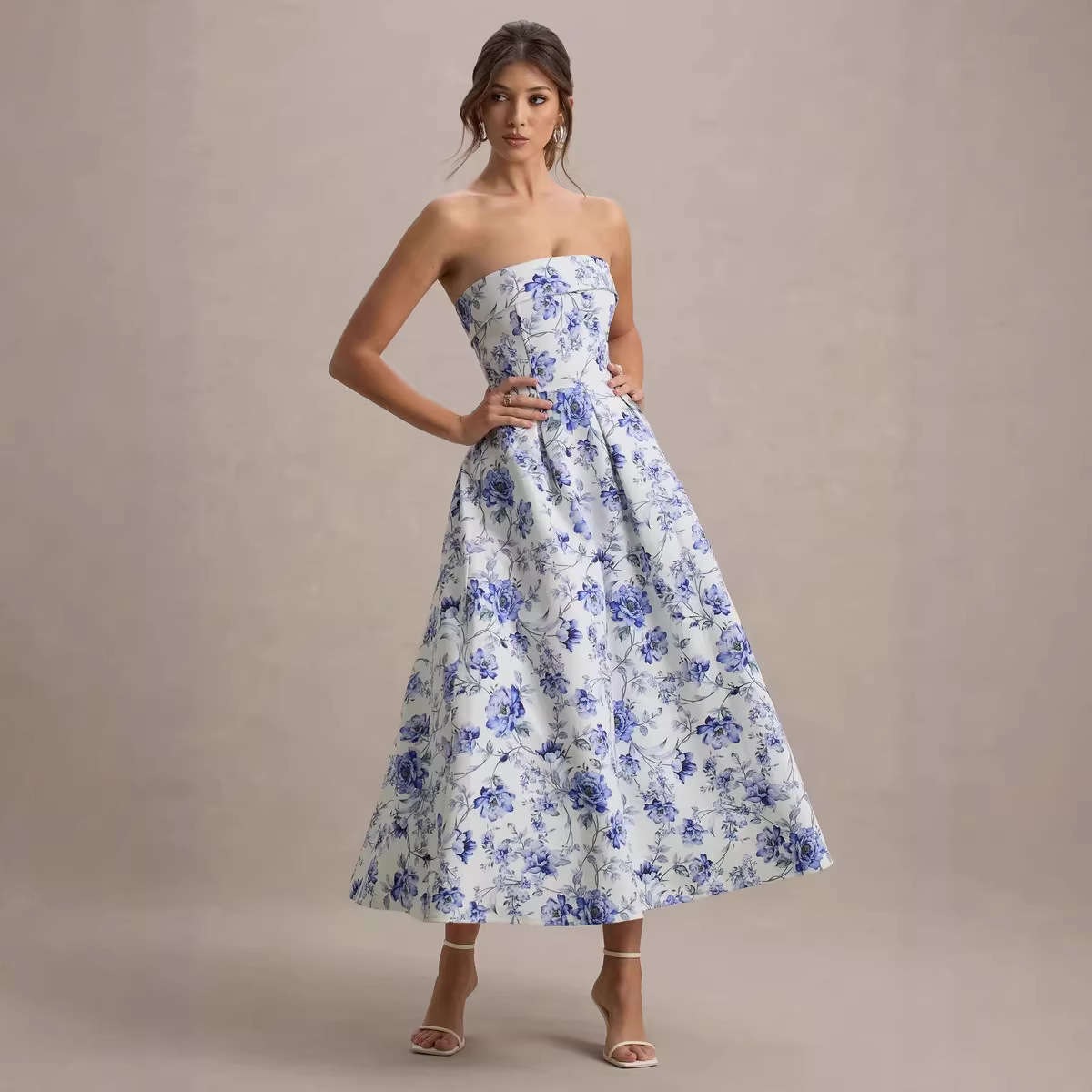 Elegant Strapless Waist-Cinched Off-Shoulder Printed Dress