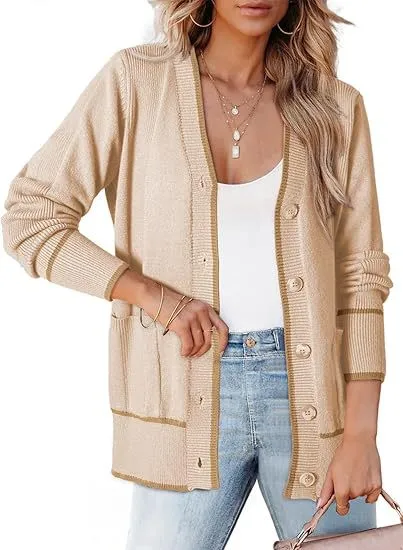 Women's Knitted Button Coat Color Matching Sweater Beige - Shop at LoveMi