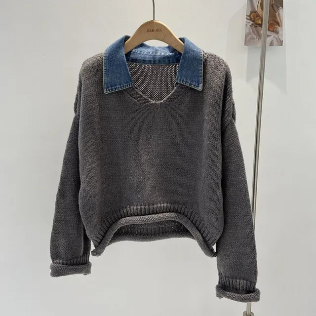 Stitching Denim High grade Fake Two piece Knitted Top Gray - Shop at LoveMi