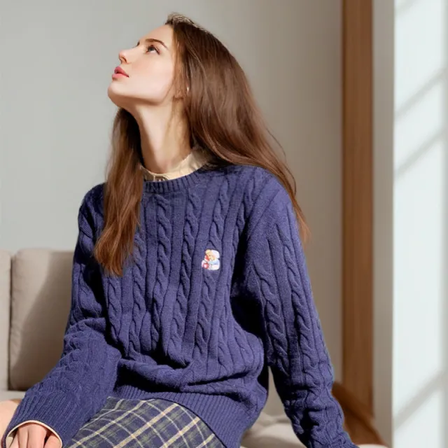 Bear Embroidery Round Neck Sweater For Women Style Lazy Blue - Shop at LoveMi
