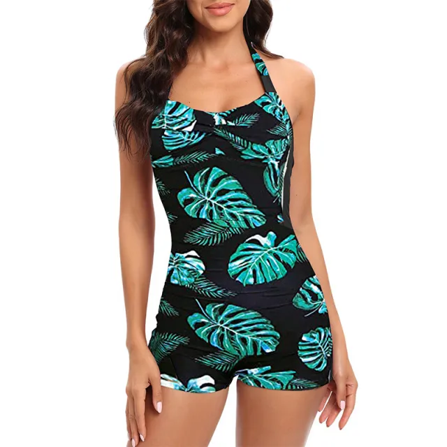 Plus Size Swimsuit Conservative Cover Belly Thin Siamese Sports Boxer Hot Spring Green Leaf - Shop at LoveMi