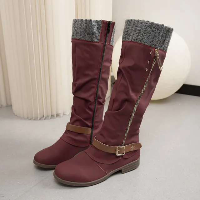 Plus Size Long Tube Women's Boots Chunky Heel Side Zip Wool Stitching Red - Shop at LoveMi