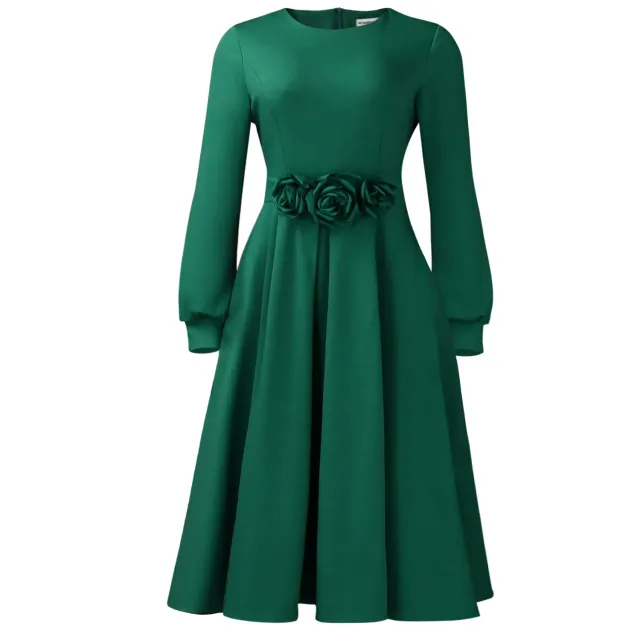 A line African Dress With A Round Neck Long Sleeves And A 3D Floral Skirt Green - Shop at LoveMi