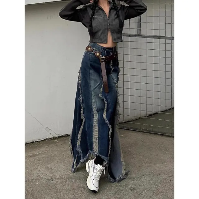 European And American Style Irregular Wool Tassel Tassel Denim Skirt Blue - Shop at LoveMi