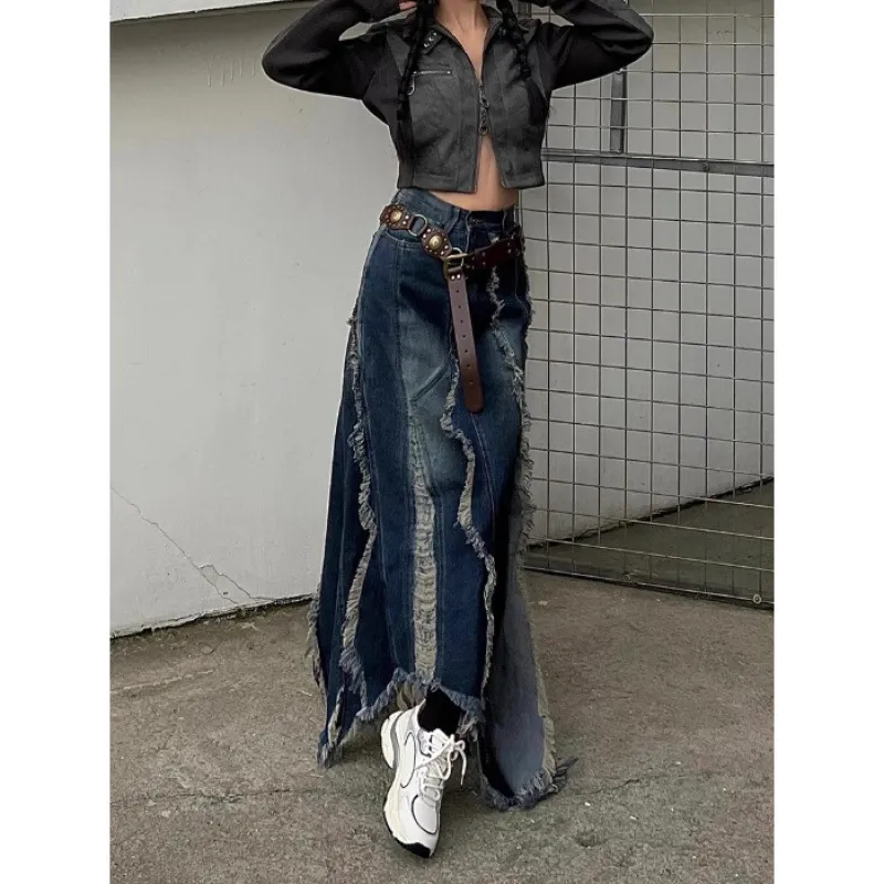 European And American Style Irregular Wool Tassel Tassel Denim Skirt - Blue