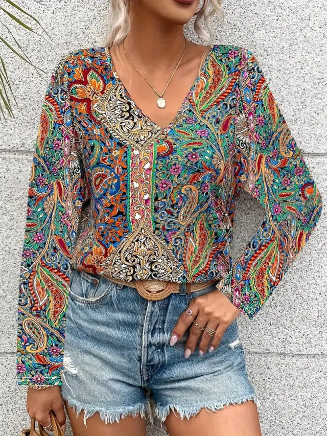 Printed V neck Long Sleeve Shirt Women's Clothing Mixed Color 2 - Shop at LoveMi