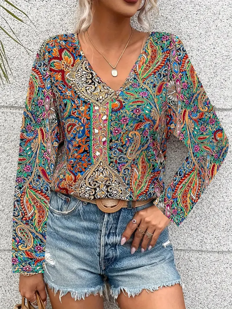Printed V-neck Long Sleeve Shirt Women's Clothing - Mixed Color 2