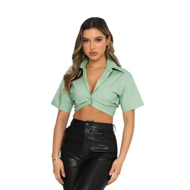 Summer Short sleeved Polyester Cotton Solid Color Cute Single breasted Lapel Shirt For Women Green - Shop at LoveMi