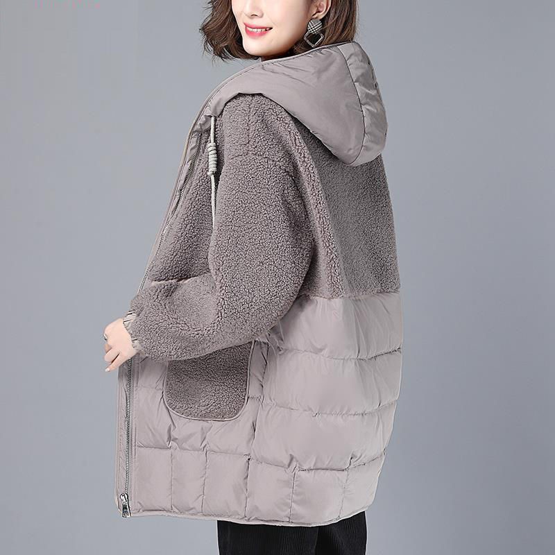 Women's Cotton padded Coat Winter Loose Down Cotton padded Coat Mid length Plus Size Cotton Jacket Thickened Gray Beige - Shop at LoveMi