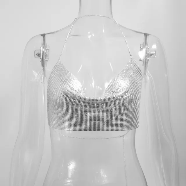 Sequined Personalized Metal Strap Top Silver - Shop at LoveMi