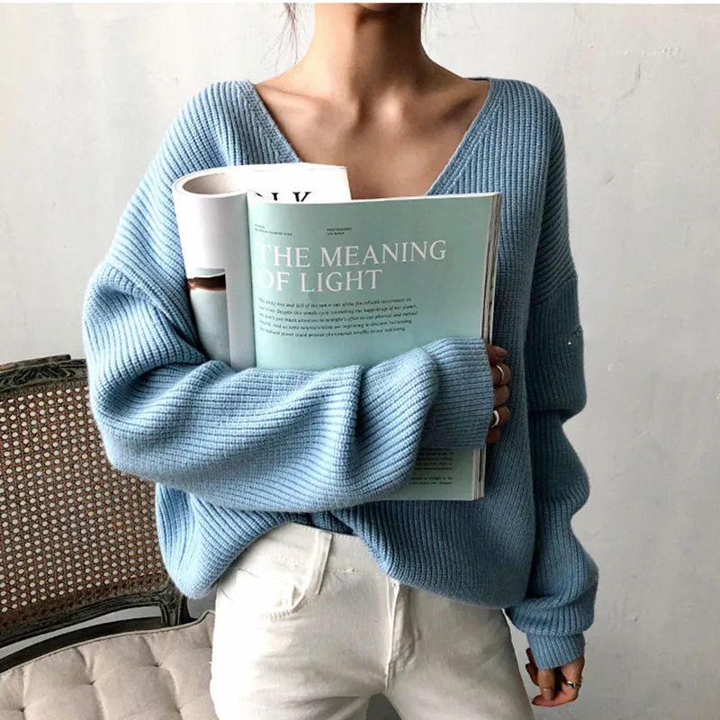 Women's Korean-style V-neck Loose And Lazy Style Simple And Irregular Sweater - Blue