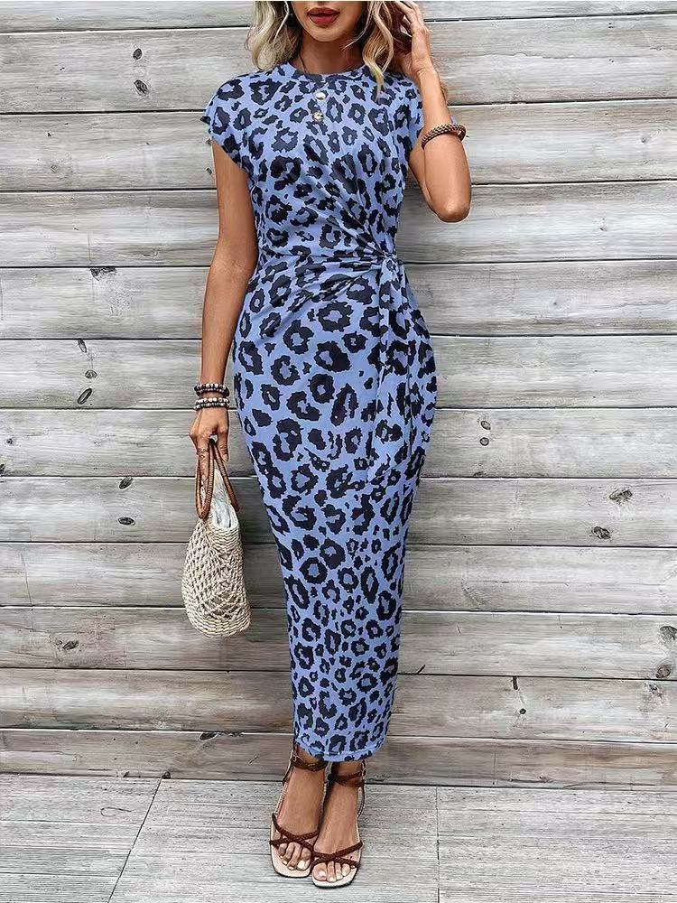 Elegant Waist Strap Striped Round Neck Short Sleeve And Long Pattern Dress