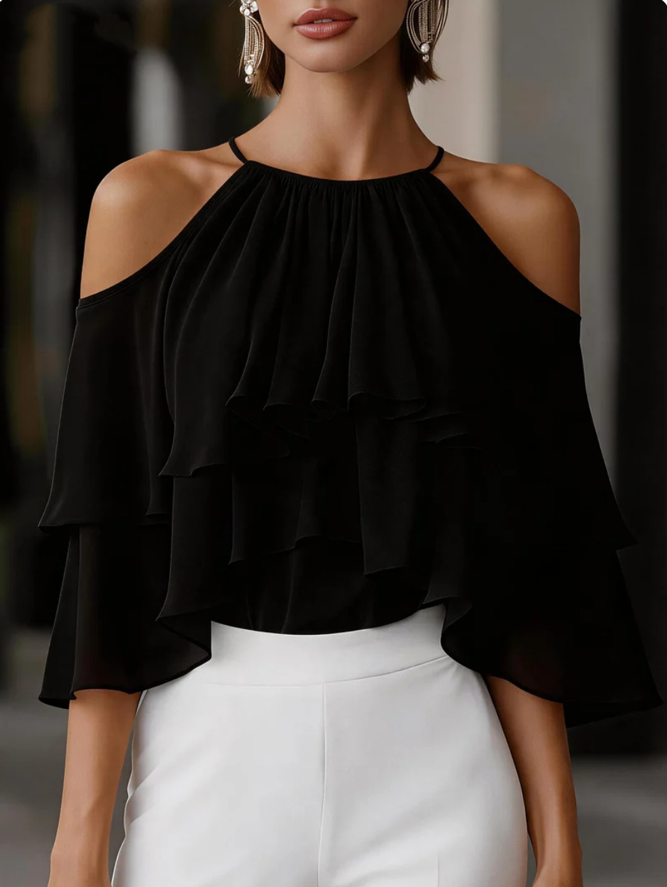 Women’s Off Shoulder Chiffon Blouse Ruffle Sleeve Elegant Summer Casual Top