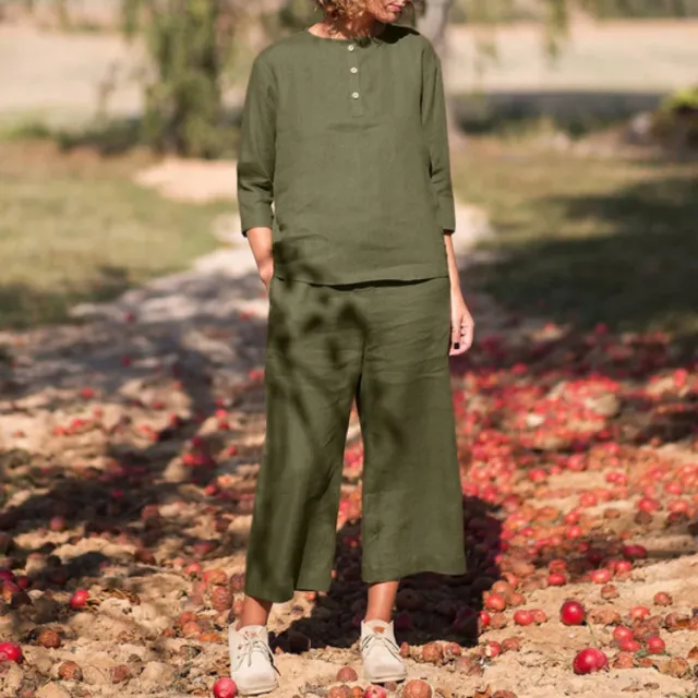 Women's Casual Half Sleeve Pure Color Cotton Round Neck Top Blouse And Pants Green - Shop at LoveMi