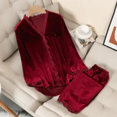 Gold Velvet Pyjamas Women's Two-piece Suit - Red - View 1