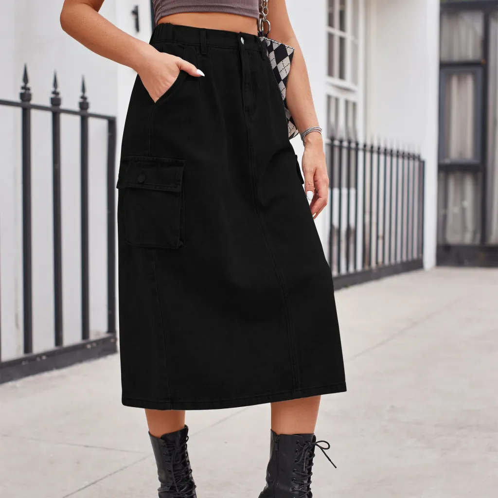 All-matching Work Clothes Washed Denim Skirt - Black