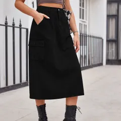 All-matching Work Clothes Washed Denim Skirt - Black - View 1