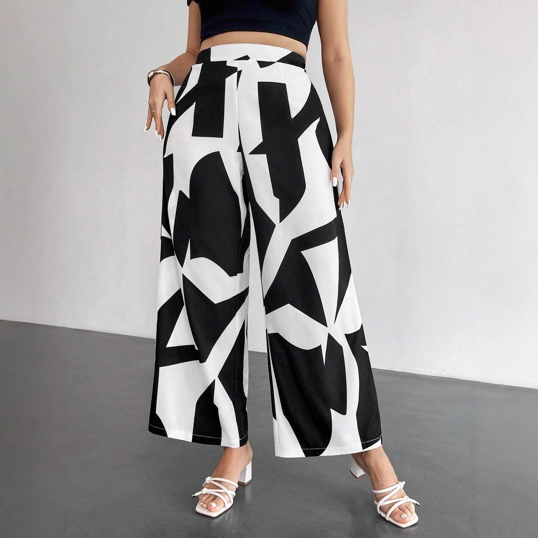 Womens High-Waisted Wide-Leg Pants With Geometric Print Straight-Leg Womens Trousers