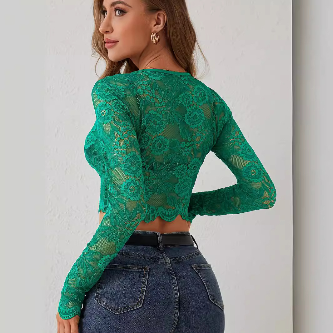 Single Layer Lace Lace Long-sleeved Short Pullover Top