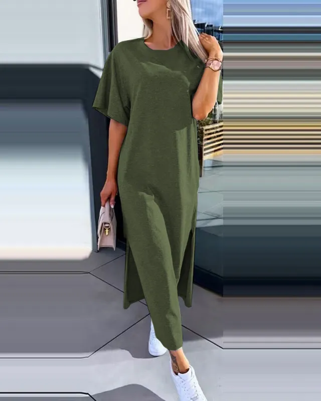 Solid Color Short Sleeve Round Neck Slit Hemline At Hem Dress Army Green - Shop at LoveMi