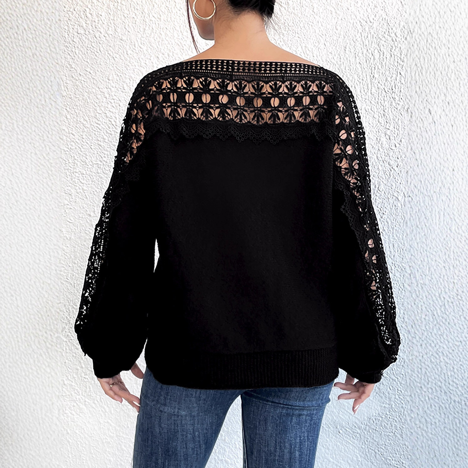 Lace-Panel Off-the-Shoulder Sweater Pullover