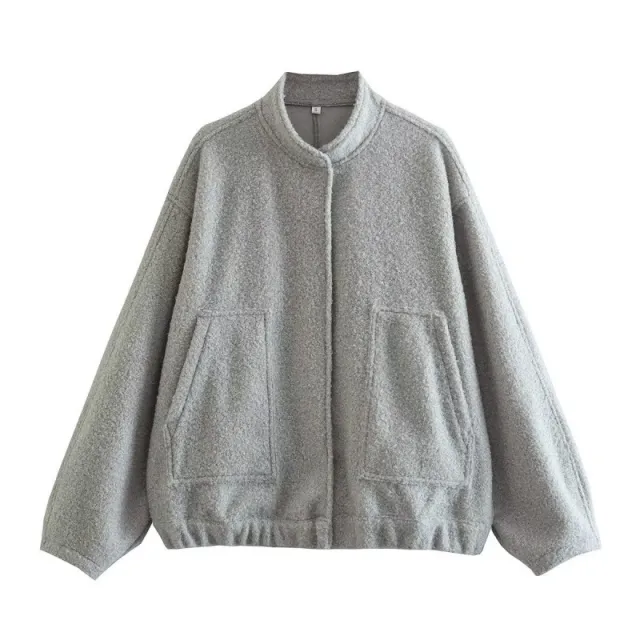 Women's Single breasted Stand Collar Large Pocket Loose Bomber Jacket Light Gray - Shop at LoveMi