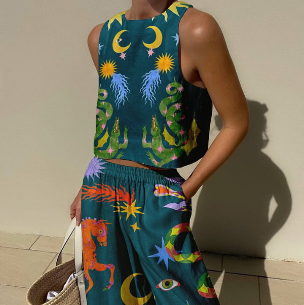 New Simple Fashion Unique Printed Vest And Elastic Elastic Waist Pocket Straight-through Blouse And Pants