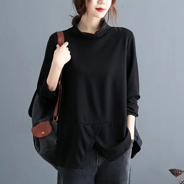 Retro Casual Patchwork Loose Long sleeved T shirt Turtleneck Bottoming Shirt Black - Shop at LoveMi