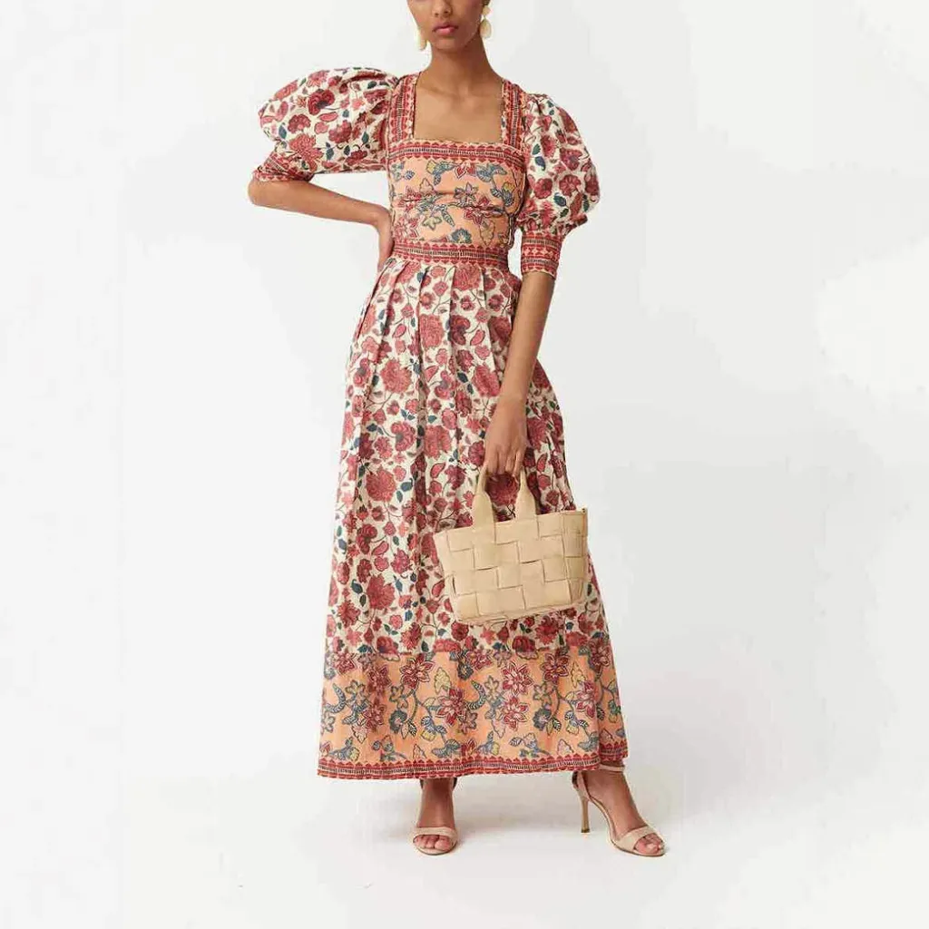 Casual Print Top Square Collar Skirt Two-piece Suit