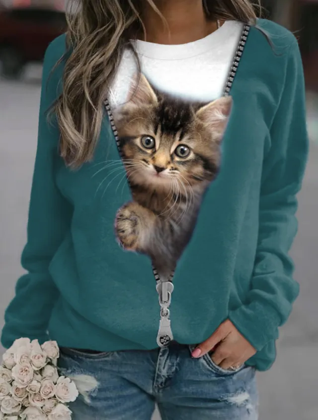 Women's Cat Basic Printed Round Neck Regular Pullover Picture Color 3 - Shop at LoveMi