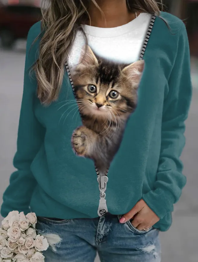 Women's Cat Basic Printed Round Neck Regular Pullover - Picture Color 3