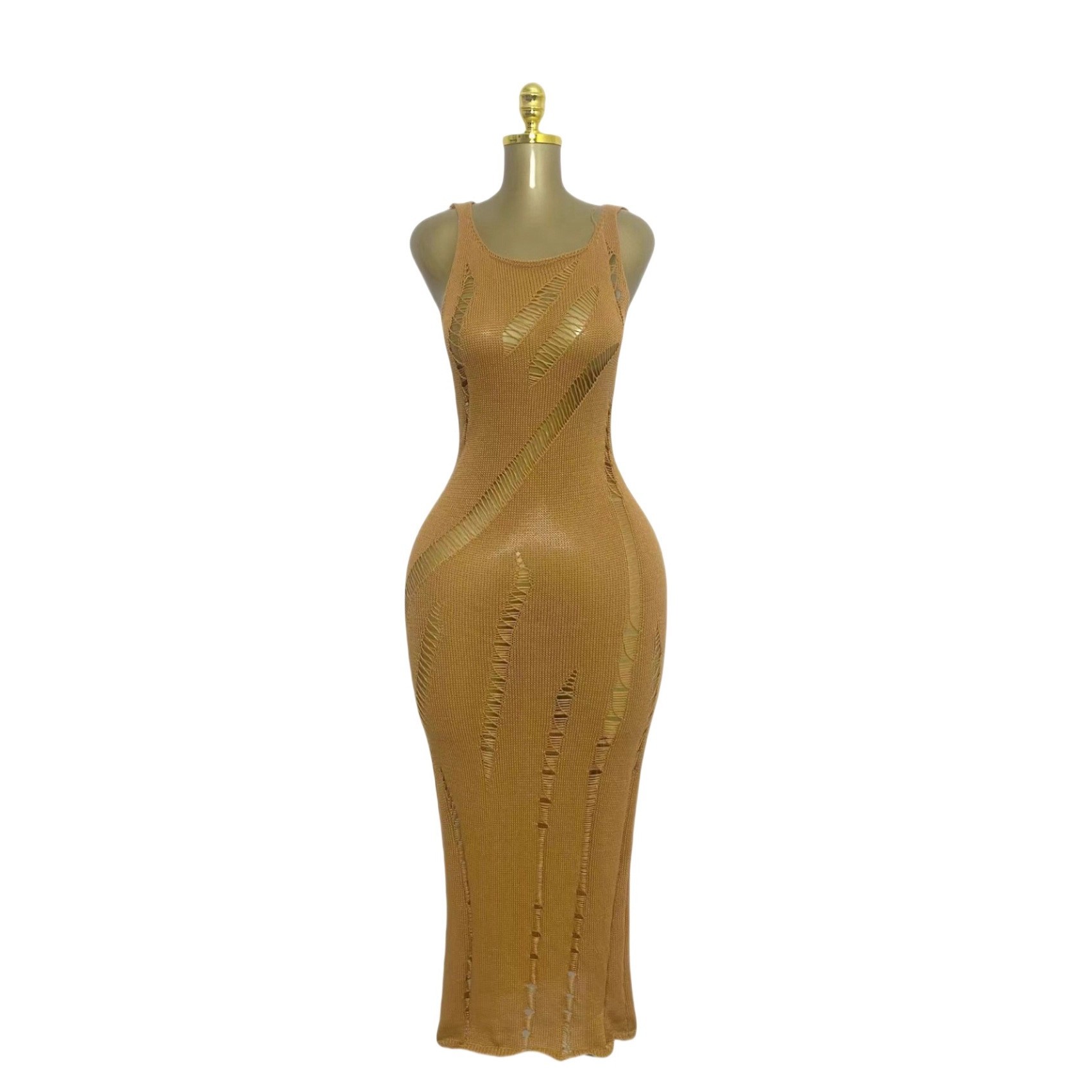 Summer Women's Sexy Hollow Knit Beach Dress Camel - Shop at LoveMi