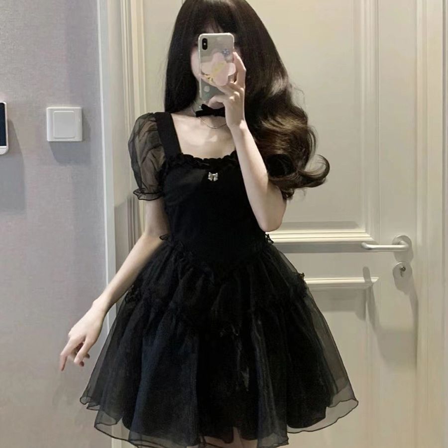 Retro Style Black Dress French Style Temperament High Waist Slimming Lady