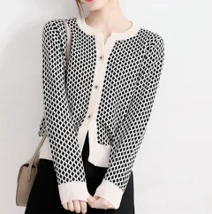 Commuter Loose Small Plaid Knitted Cardigan Coat For Women - Black - View 1