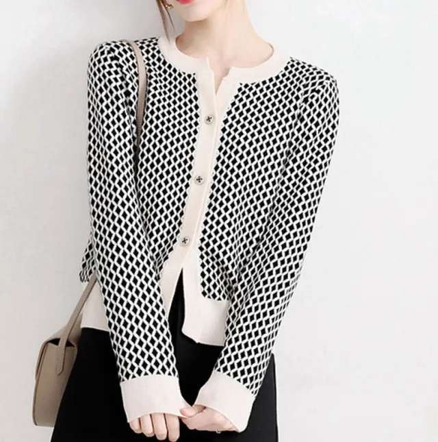 Commuter Loose Small Plaid Knitted Cardigan Coat For Women Black - Shop at LoveMi