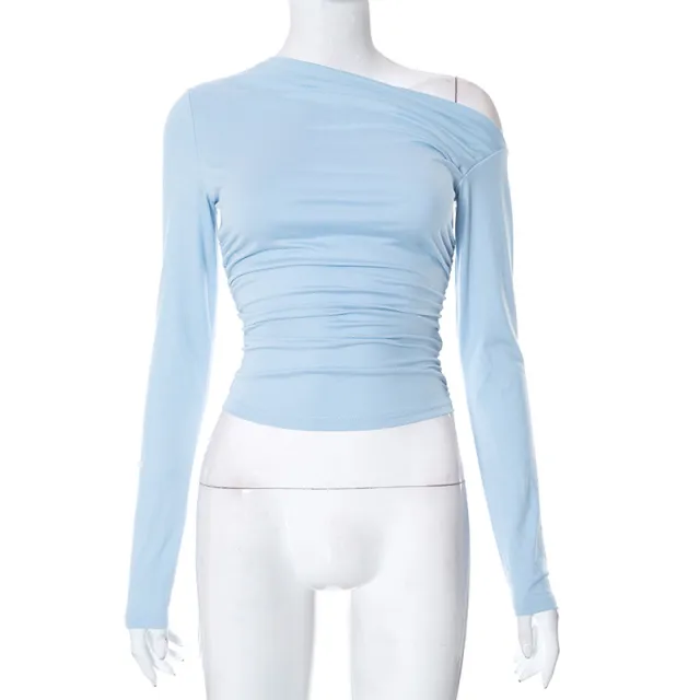 Women's Autumn And Winter New Long Sleeve One shoulder Cold shoulder Style Top Blue - Shop at LoveMi