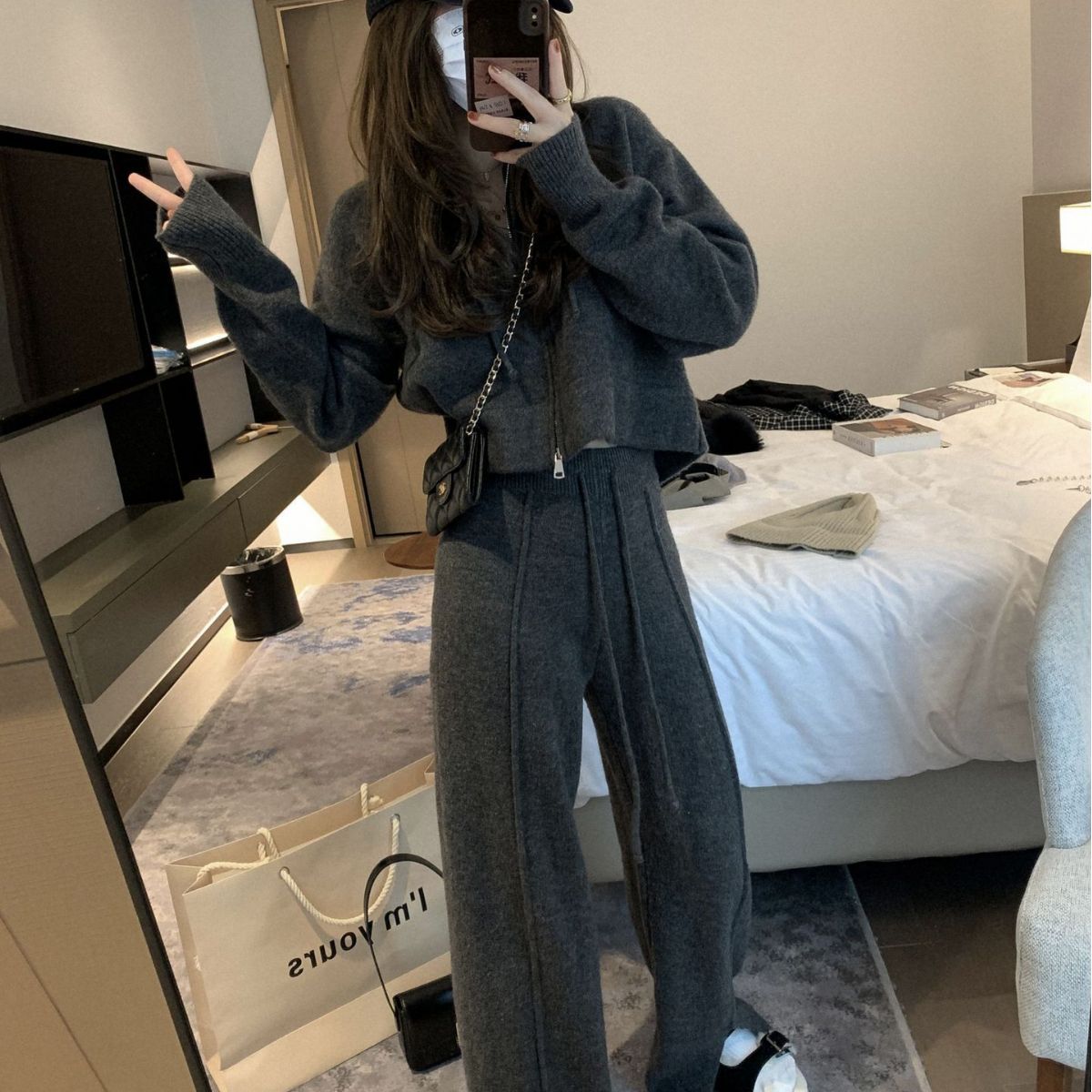 Womens hooded cardigan zippered sweater two piece set