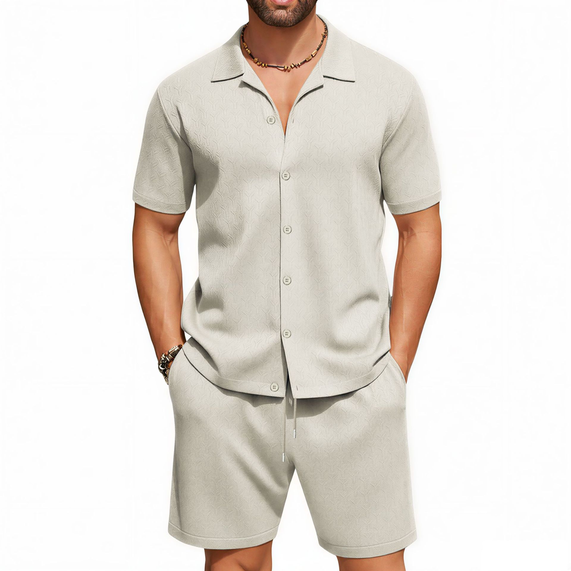 Versatile Apricot-colored Cuban-collar Short-sleeve Shirt And Shorts Two-piece Set