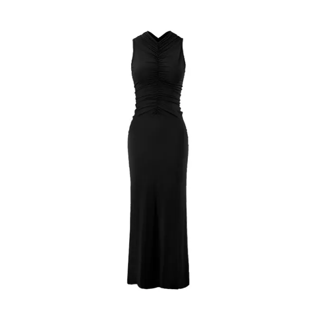 Sleeveless Pleated Elegant Solid color Maxi Dress Black - Shop at LoveMi