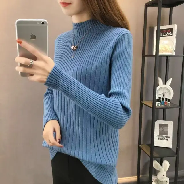 Slim Fit Slimming Inner Knitted Bottoming Shirt Women's Long Sleeve Blue - Shop at LoveMi
