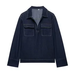 Fashion Loose Blue Denim 2-piece Set Vintage Long Sleeve Shirt Trousers - Top - View 1