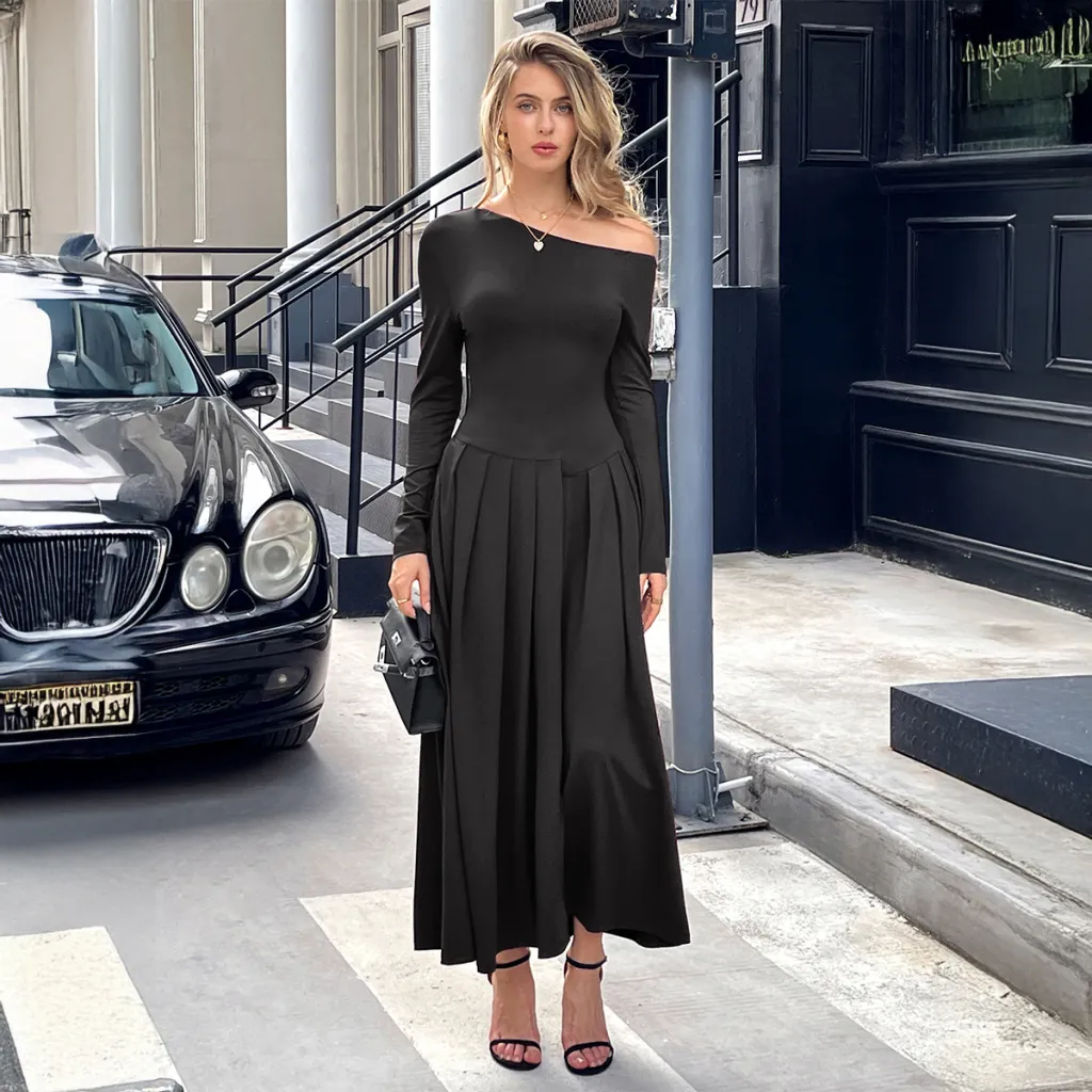 Women's High Waist Long Skirt Dress - Black