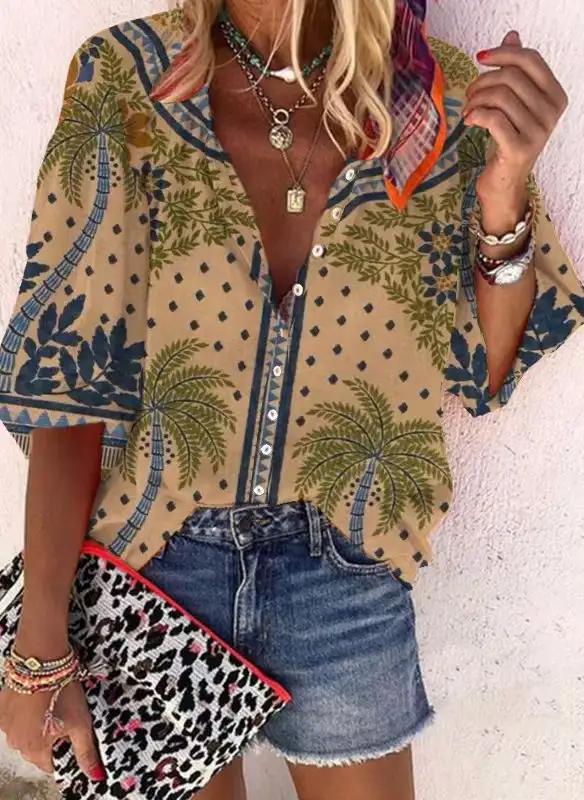 Loose-fit Button-up Retro Print Casual Shirt