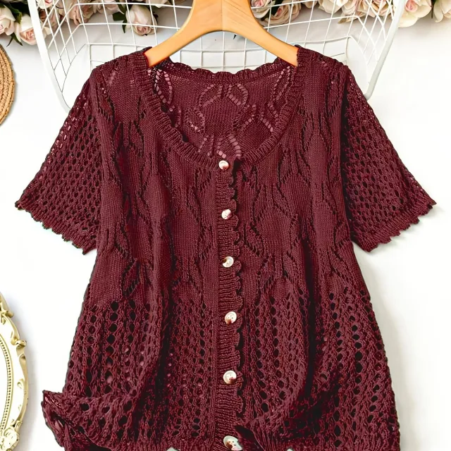Women's Solid Color Hollow out Button Short sleeved Top Wine Red - Shop at LoveMi