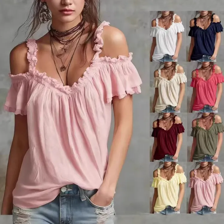 Summer Off-Shoulder Blouse Top Fashion Ruffled Strappy Short-Sleeved Shirt Y2K Sweet Women's Clothing