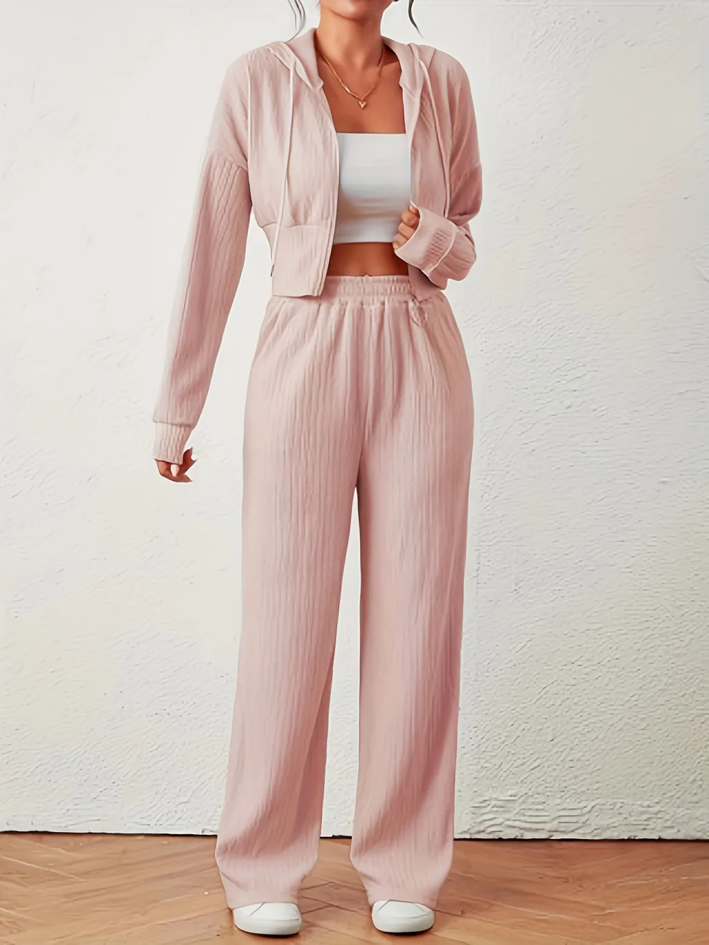 Women's Solid Colour Top And Pants Set - Pink
