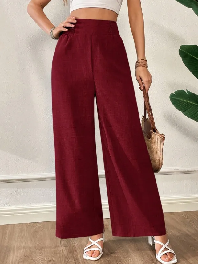 Women's Solid Color High Waist Slimming Wide Leg Pants - Wine